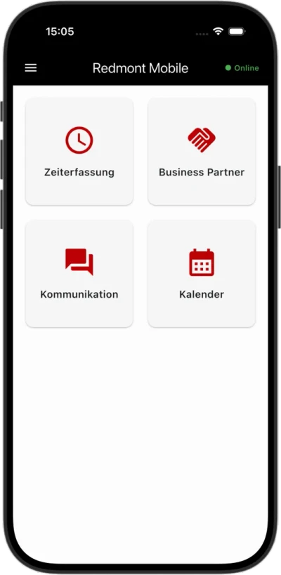 Redmont Mobile – Startbildschirm mit Modulen